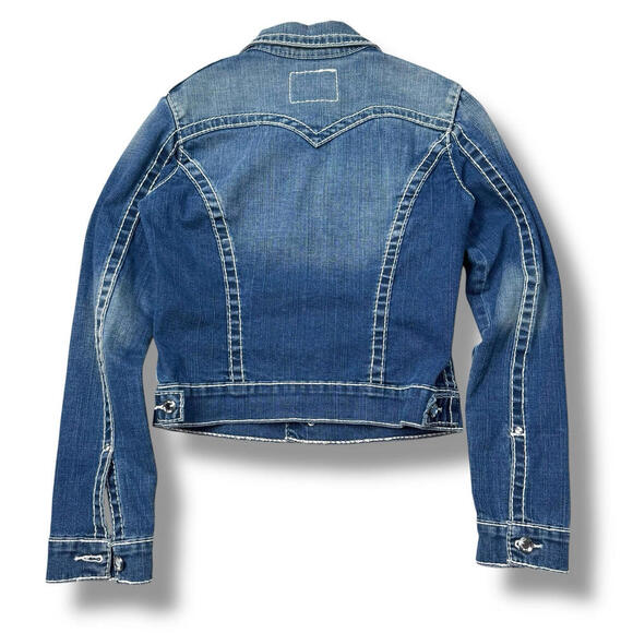 True Religion Women’s Disco Emily Big T Denim Jacket Size S Rainstone Button Y2K - Picture 2 of 13